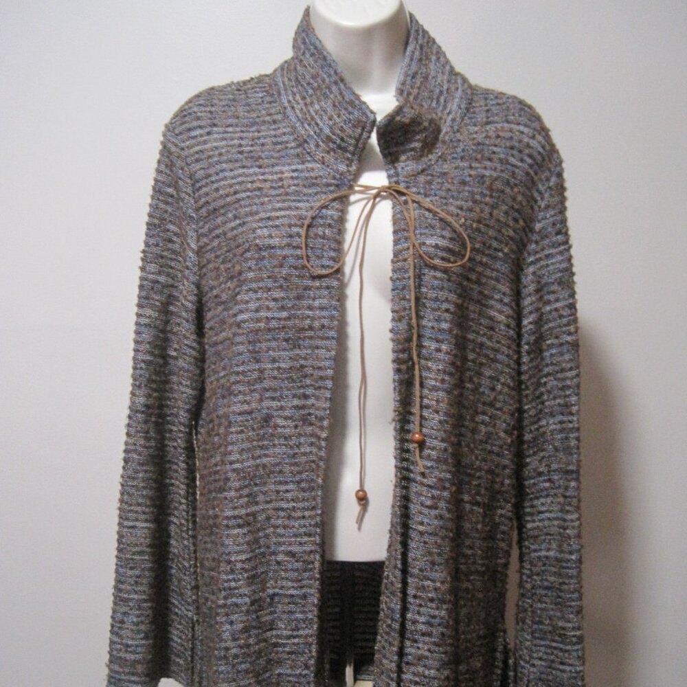 Vanity Woman Cardigan Medium Blue & Brown Raglan Sleeves Crochet Knit Open Front